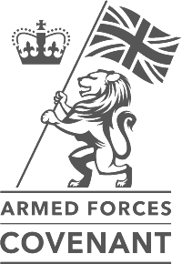 armed forces covenant Logo of the Armed Forces Covenant featuring a lion holding the UK flag next to a crown symbol. The text Armed Forces Covenant is written below.
