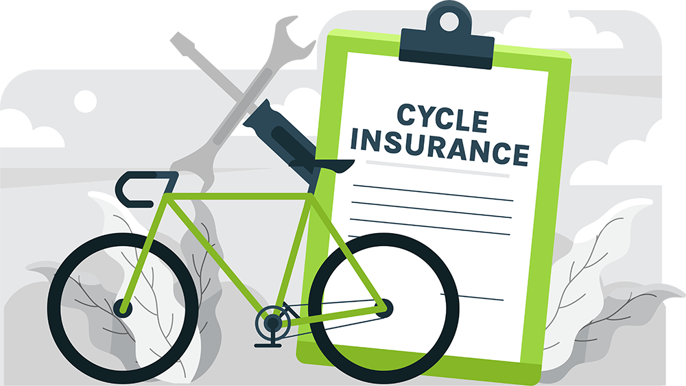 Illustration of a green bicycle in front of a clipboard labeled Cycle Insurance, with tools in the background. The scene is set outdoors with abstract plants and a cloudy sky.