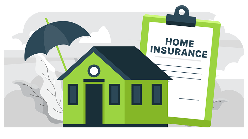 Home Insurance 1 Illustration of a green house with a dark roof beside a large clipboard labeled Home Insurance. Theres a black umbrella leaning against the house. The background is a light gray with abstract shapes.