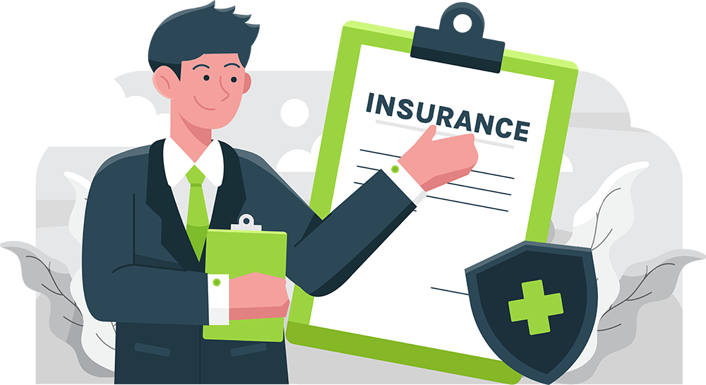 Insurance (no tint) Illustration of a person in a suit holding a clipboard with a document labeled Insurance. A shield with a cross symbol is nearby, symbolizing protection. Background features gray clouds and abstract elements.