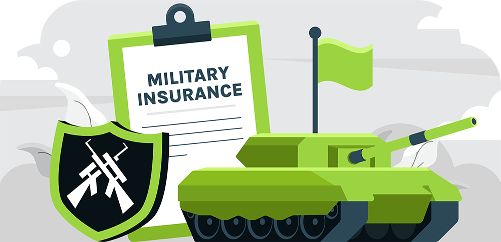 Military Insurance (no tint) Illustration of a green tank beside a clipboard labeled Military Insurance. A green flag is behind the tank, and a shield with crossed rifles is in the foreground. The background features clouds and abstract shapes.